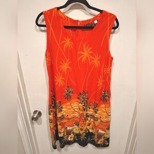 Tiki Palm Orange Embellished Tropical Print Sleeveless Midi Dress Sz L Beach